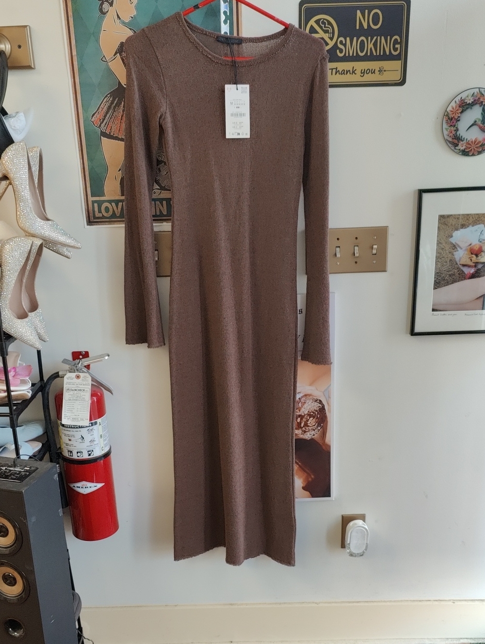 Zara Long-Sleeve Ribbed Maxi Dress in Brown
